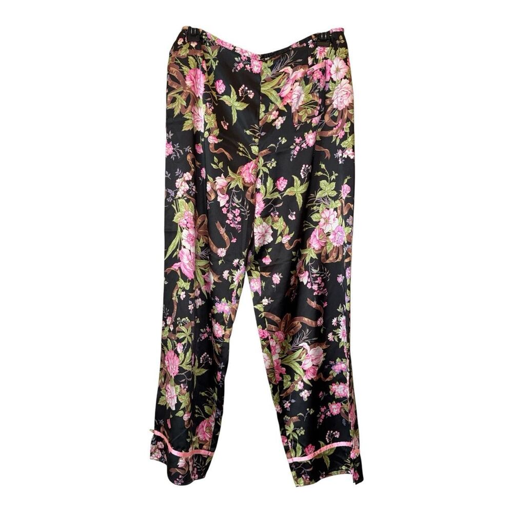 Victoria’s Secret Satin Black Pink Floral Sleep Pants Pajama Bottoms PJ Small